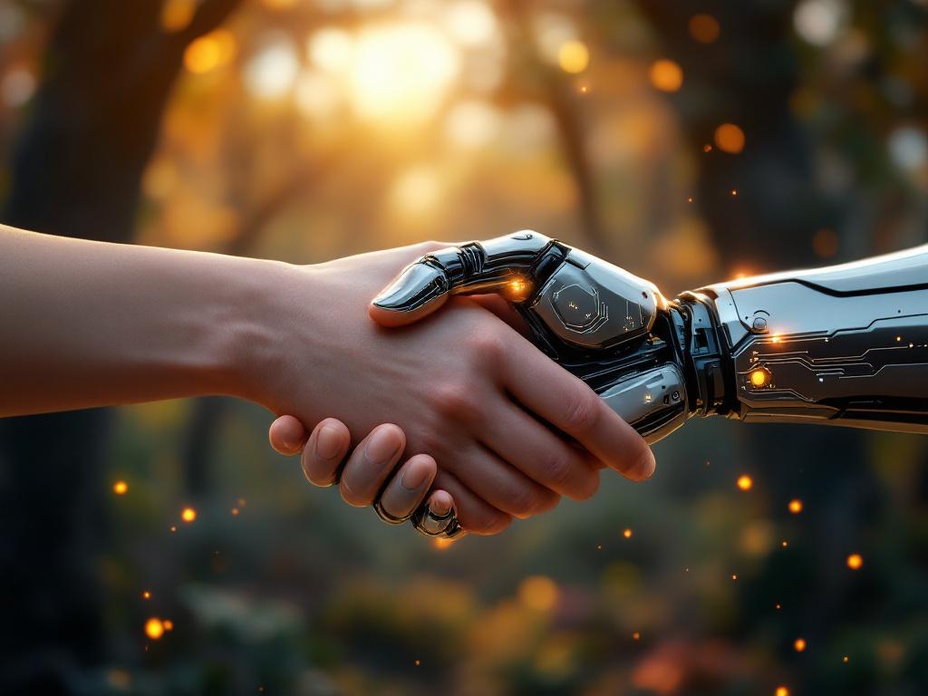 Que es la Inteligencia Artificial Ejemplos: Representación simbólica de la colaboración entre humanos y tecnología.