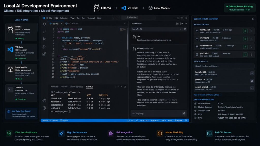 Figura 1: Un entorno de desarrollo de IA local completo con Ollama, integración con IDE y gestión de modelos