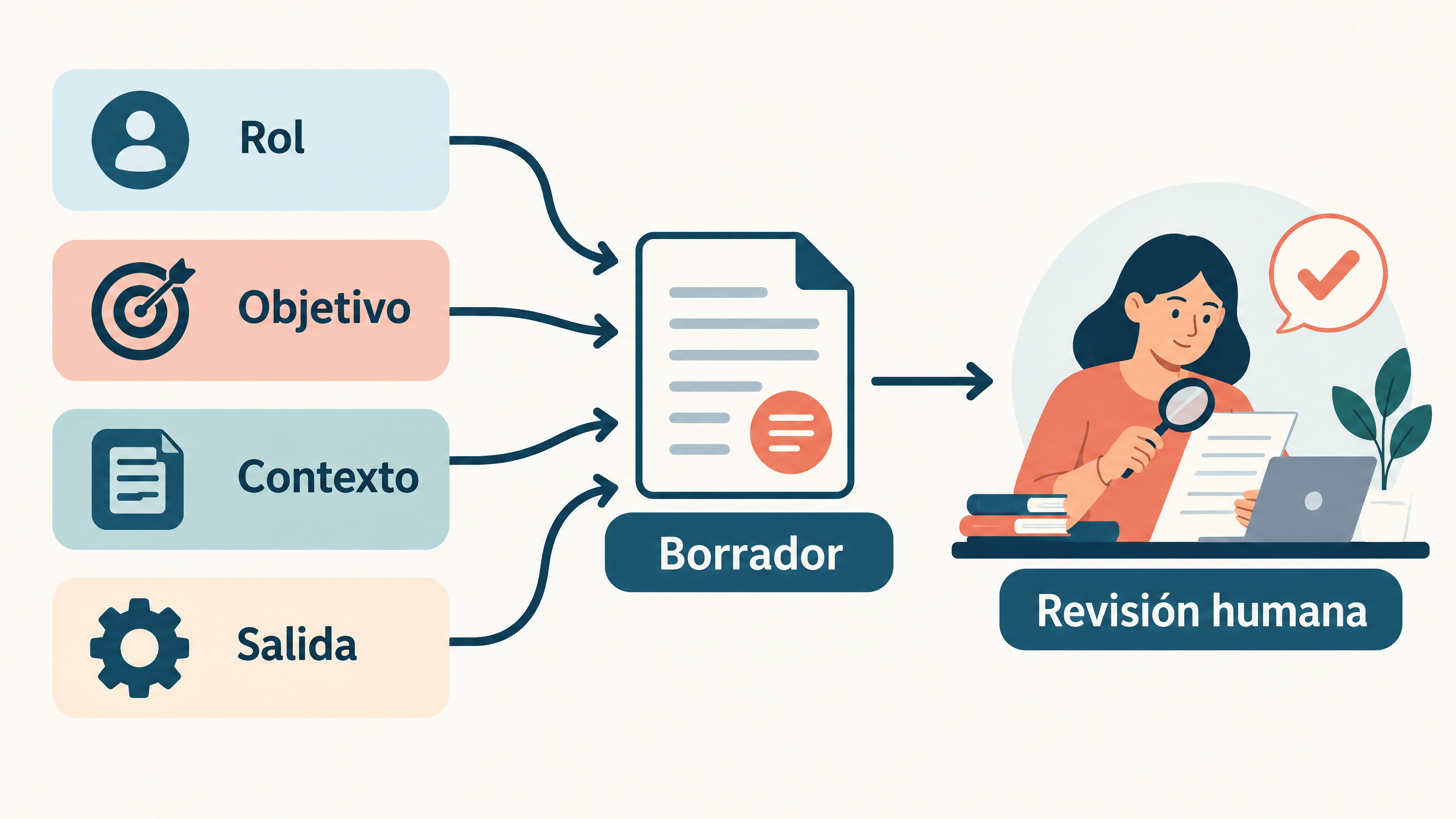 Las cuatro partes de una indicación clara para Claude: rol, objetivo, contexto y resultado.

